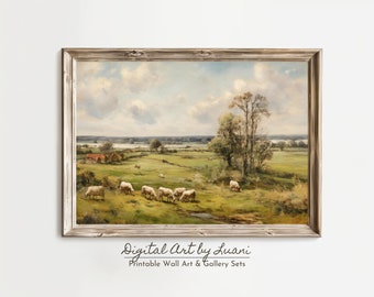 アンティーク羊の絵画：ヴィンテージ農家の風景画（デジタル印刷可能