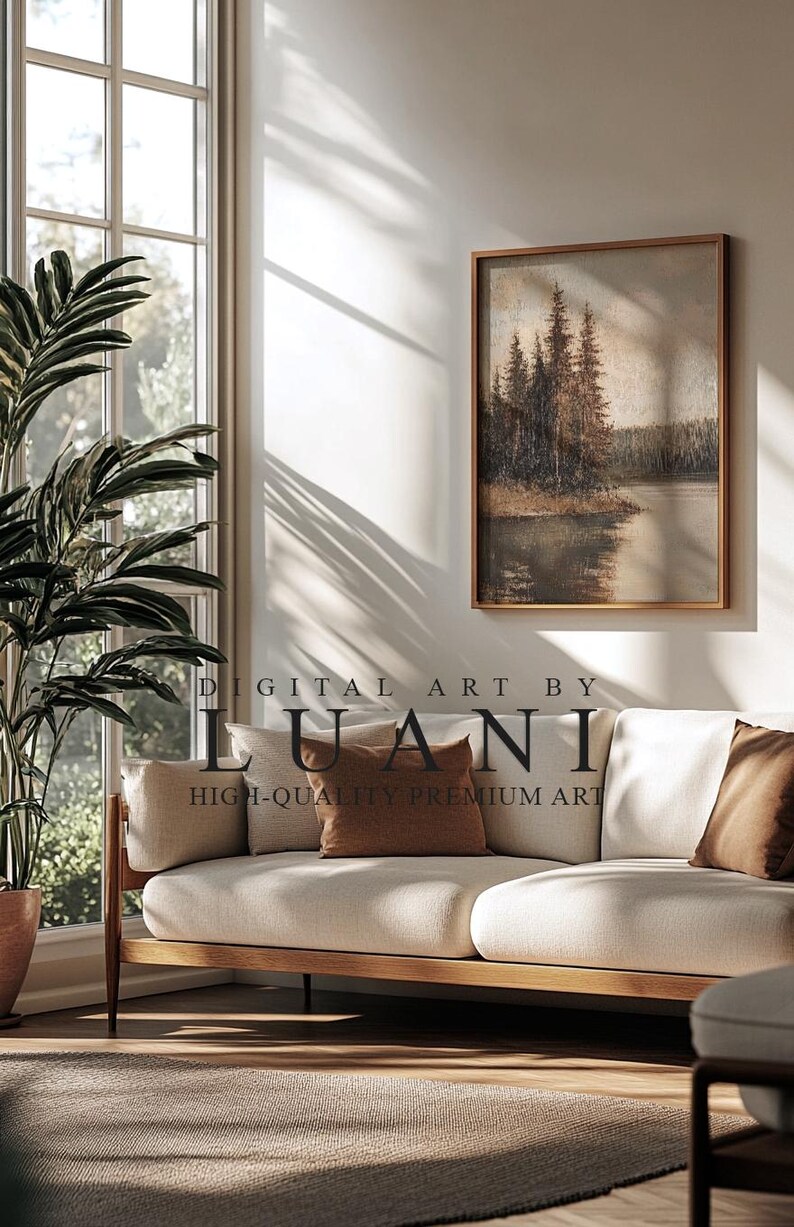 Vintage Autumn Lake Landscape Painting Wall Art Muted PRINTABLE Digital