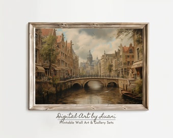 Amsterdamkanalen Vintagekonsttryck: Holländsk stadsbild (digital nedladdning)