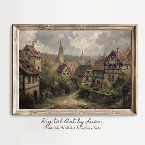 German Village Landscape Classical Oil Painting Peaceful Medieval Village Rustic Country Home Decor PRINTABLE Digital Art Landscape