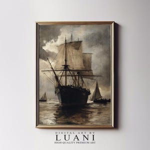 Vintage Sailboat Painting Coastal Seascape Art Print Antique Ship Digital Download Coastal Art Nautical Wall Art Digital Art By Luani