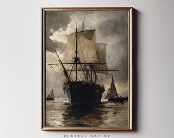 Vintage Sailboat Seascape Art Print: Antique Nautical Painting (Digital Download)