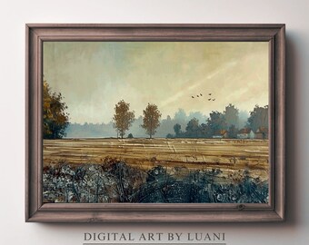 自然の風景 ミニマリストのモダンな手描きの風景油絵 ミニマリスト風景画：野原を飛ぶ鳥（デジタルダウンロード） - Etsy 日本