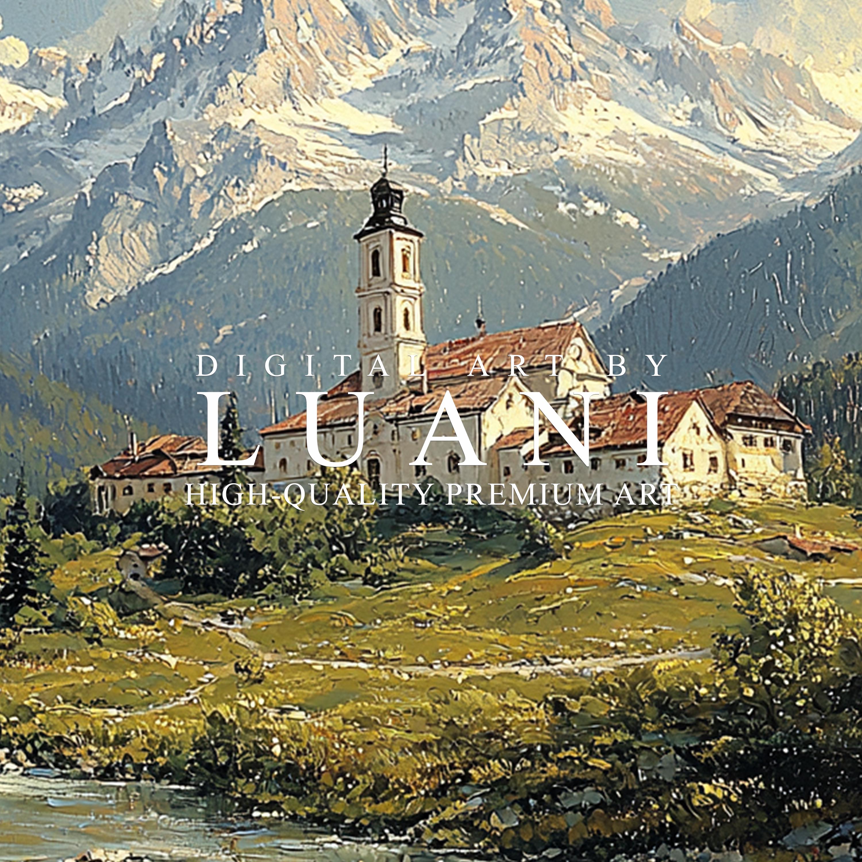 山村の絵画：ヨーロッパの風景画アートプリント（デジタルダウンロード