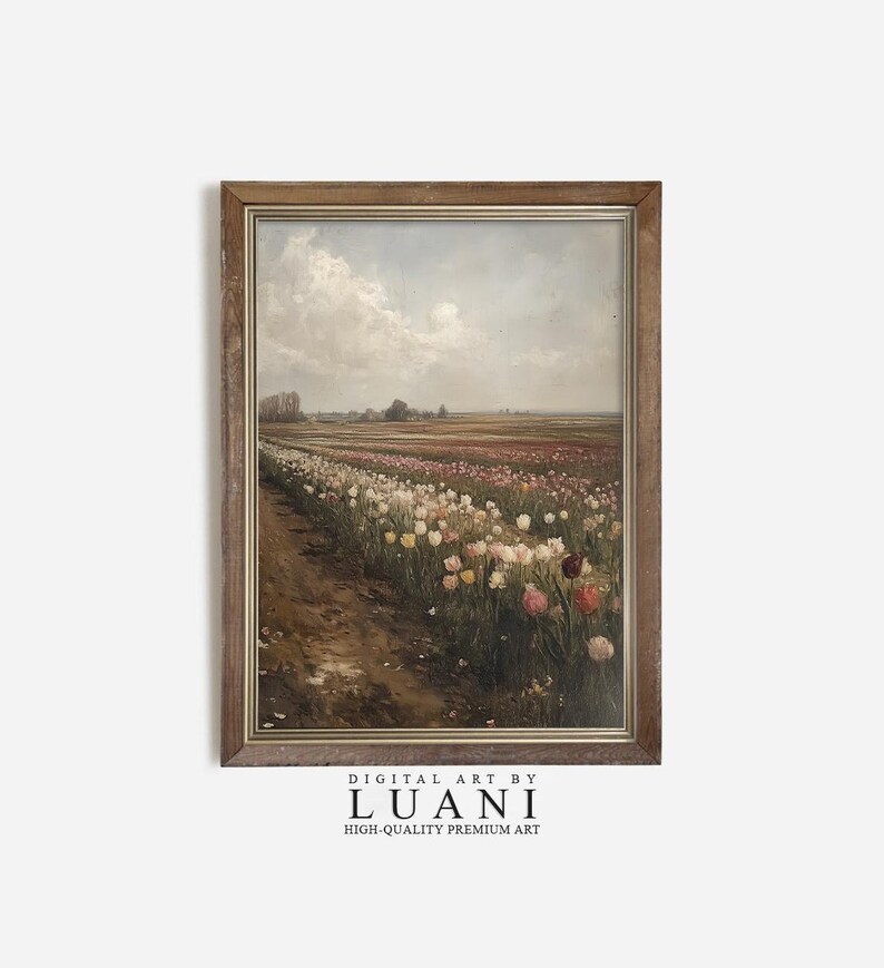 Vintage Dutch Tulip Field Painting: Floral Landscape Art Print (digital ...