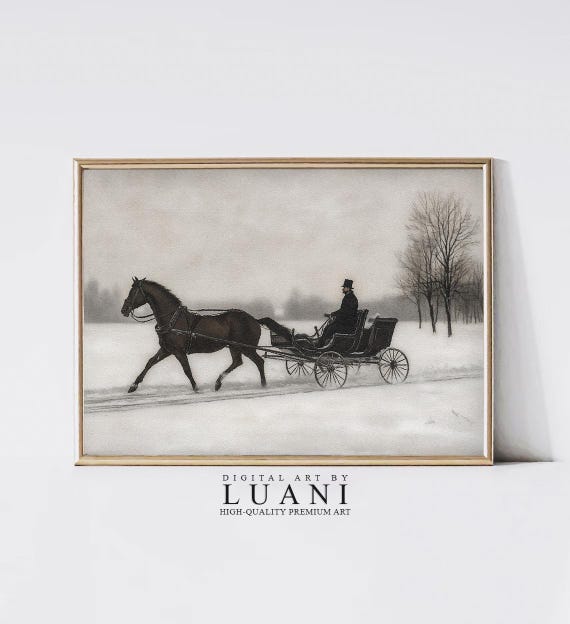 ヴィンテージ馬車の冬の風景：アンティークな印刷可能なウォールアート 