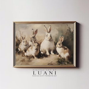 Bunny Rabbit Painting Vintage Farmhouse Animal Portrait Printable Wall Art Digital DOWNLOAD
