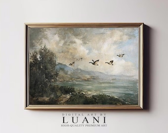 Vintage Flying Geese Painting: Antique Bird Landscape Art (Digital Download)