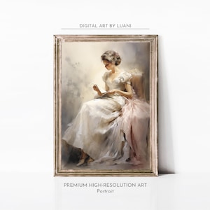 Elegant Lady Reading Canvas Art Classic Literary Beauty Illustration Vintage Reading Woman Painting Sophisticated Study Room Decor