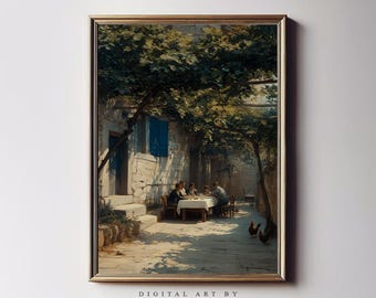 May include: Framed art print of a vintage outdoor dining scene. The artwork depicts a group of people seated at a table under a canopy of green leaves. The scene is set in a sunlit courtyard with a stone building and chickens.