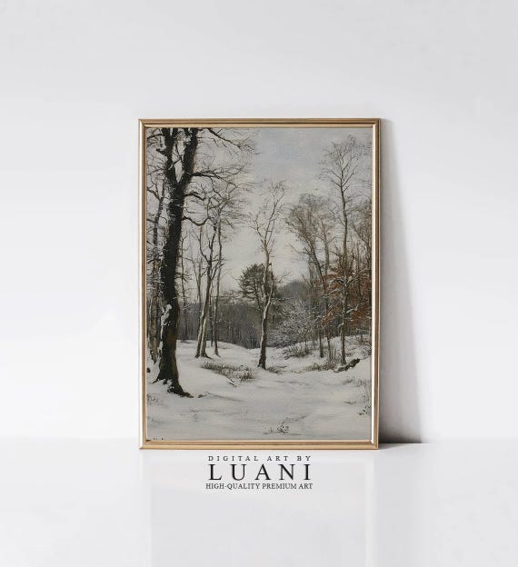 冬の森の絵画：雪景色のアート、テクスチャのある壁アート（デジタル