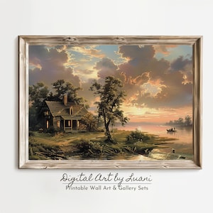 Lake Painting Mountain Landscape Wall Decor Sunset Lake House Art Print Rustic Cabin Wall Decor Nature Inspired Landscape Painting