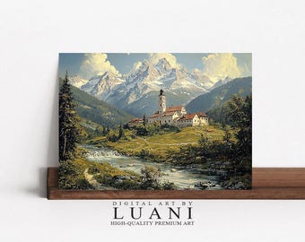 山村の絵画：ヨーロッパの風景画アートプリント（デジタルダウンロード