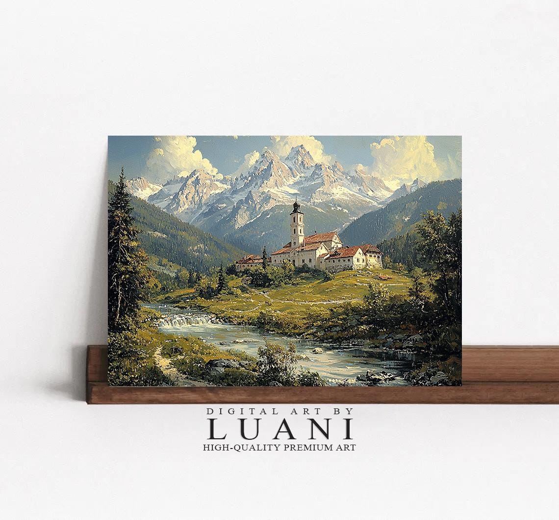 山村の絵画：ヨーロッパの風景画アートプリント（デジタルダウンロード