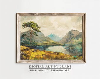 Mountain Lake Oil Painting: Scottish Highlands Landscape Art (Digital Download)