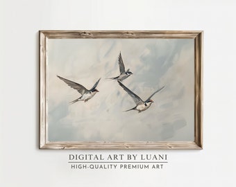 Lámina vintage de pájaros en vuelo: Arte mural para habitación infantil de estilo rústico (descarga digital)
