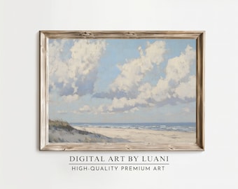 Tableau vintage sur la plage : art du paysage côtier neutre (téléchargement numérique)