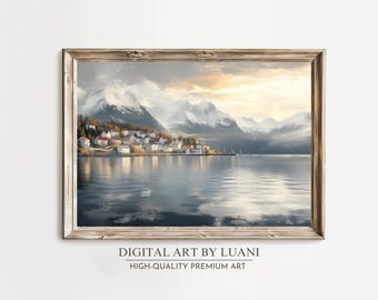 Konsttryck av norsk fjordby: Fjällandskap (digital nedladdning)