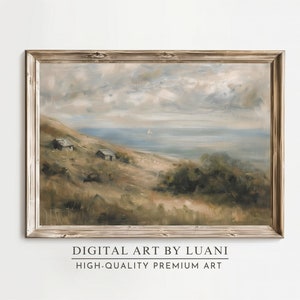 Dipinto di fattoria costiera, arte murale antica, arte murale digitale scaricabile STAMPABILE Dipinto di paesaggio costiero antico