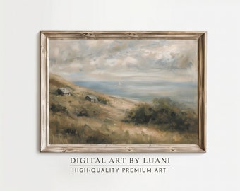 Vintage Coastal Farmhouse Painting: Antique Landscape Art (Digital Download)