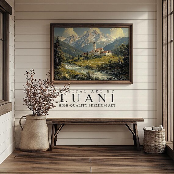 山村の絵画：ヨーロッパの風景画アートプリント（デジタルダウンロード