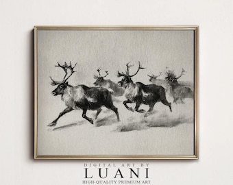 Vintage Reindeer Art Print Running Caribou Wildlife Illustration Rustic Winter Nature Wall Decor Digital Art By Luani