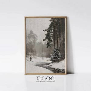 Vintage Winter Landscape Art Print: Snowy Creek, Pine Trees (Digital Download)