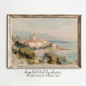 Warm Tone Coastal Painting Vintage Neutral Landscape Painting Muted Tonal Print Serene Coastal Village Scene Hand-Painted Original