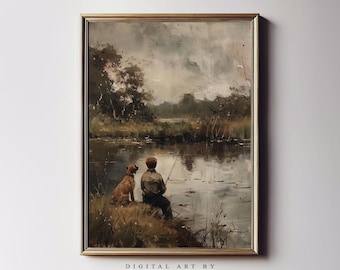 Boy Fishing with Dog Print: Rustic Lake Scene, Nursery Decor (Digital Download)
