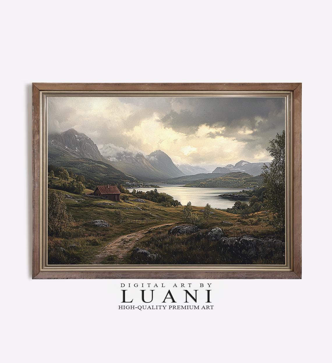 Vintage Norway Mountain Lake Art Print: Nordic Landscape (digital
