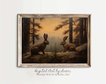 Forest Bunnies Art Print: Vintage Wildlife Scene (Digital Download)