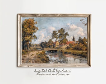 Vintage Village Landscape Oil Painting: Rustic Countryside Art (Digital Download)