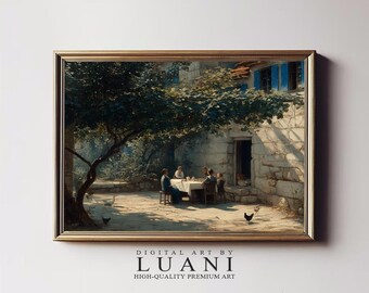 May include: Framed art print depicting a family dining outdoors under a large tree. The scene shows a table set for a meal, with figures seated around it. The artwork has a warm, inviting color palette and is framed in a gold-toned frame. Text at the bottom reads "DIGITAL ART BY LUANI".