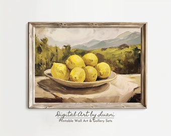 May include: A painting of a bowl of lemons on a table with a landscape background. The lemons are yellow and the bowl is white. The background is a green and brown landscape with mountains in the distance.