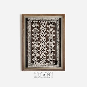 May include: Framed art print featuring a brown and white geometric pattern resembling a rug or textile design. The artwork is framed in a dark brown wooden frame. The text "DIGITAL ART BY LUANI HIGH-QUALITY PREMIUM ART" is printed at the bottom.