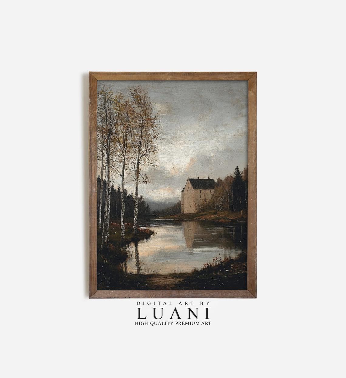 ヴィンテージの湖畔の家の絵画：素朴な田舎の風景画（デジタルアート