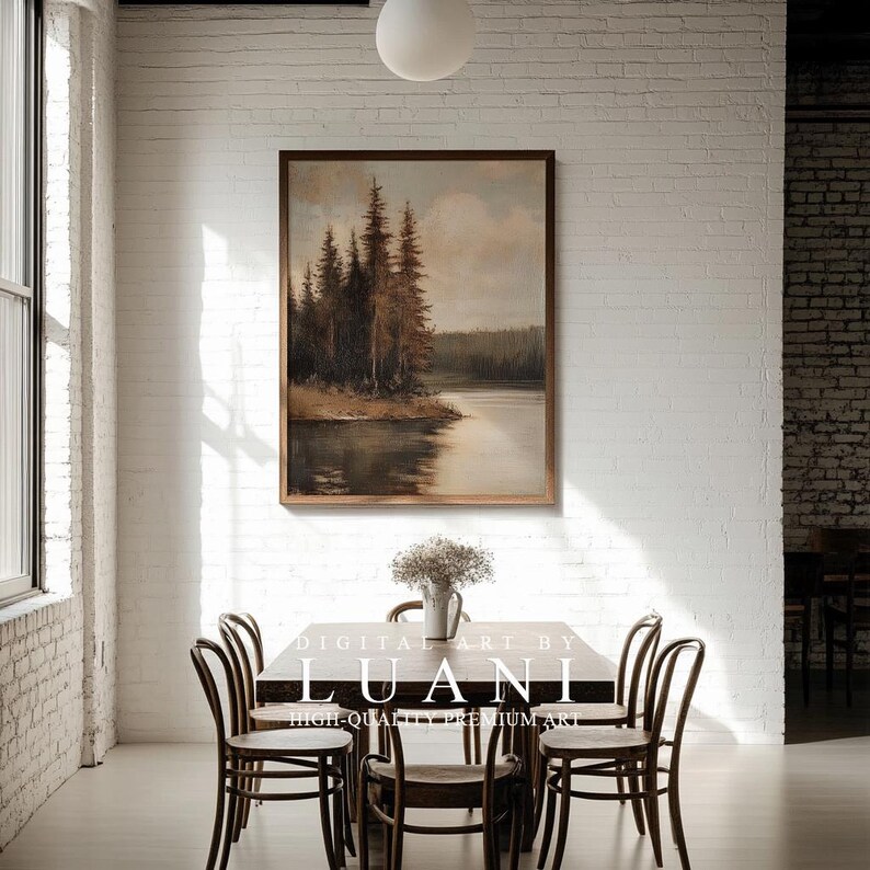 Vintage Autumn Lake Landscape Painting Wall Art Muted PRINTABLE Digital