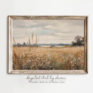 Wildflower Field Landscape Art Vintage Style Oil Painting Rustic Country Field Wall Decor Nature Inspired Floral Art Print