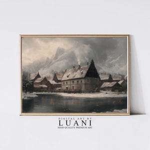Vintage Winter Village Landscape Painting Antique European Town Art Print PRINTABLE Digital Download DigitalArtByLuani
