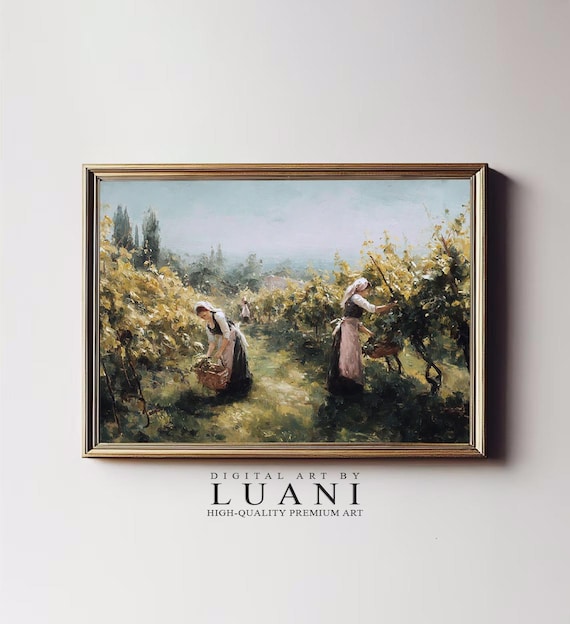 ヴィンテージのブドウ収穫画：フランスの田舎の農家の壁アート