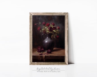 ヴィンテージのバラの花瓶画：ダークカラーの花の静物画（デジタル