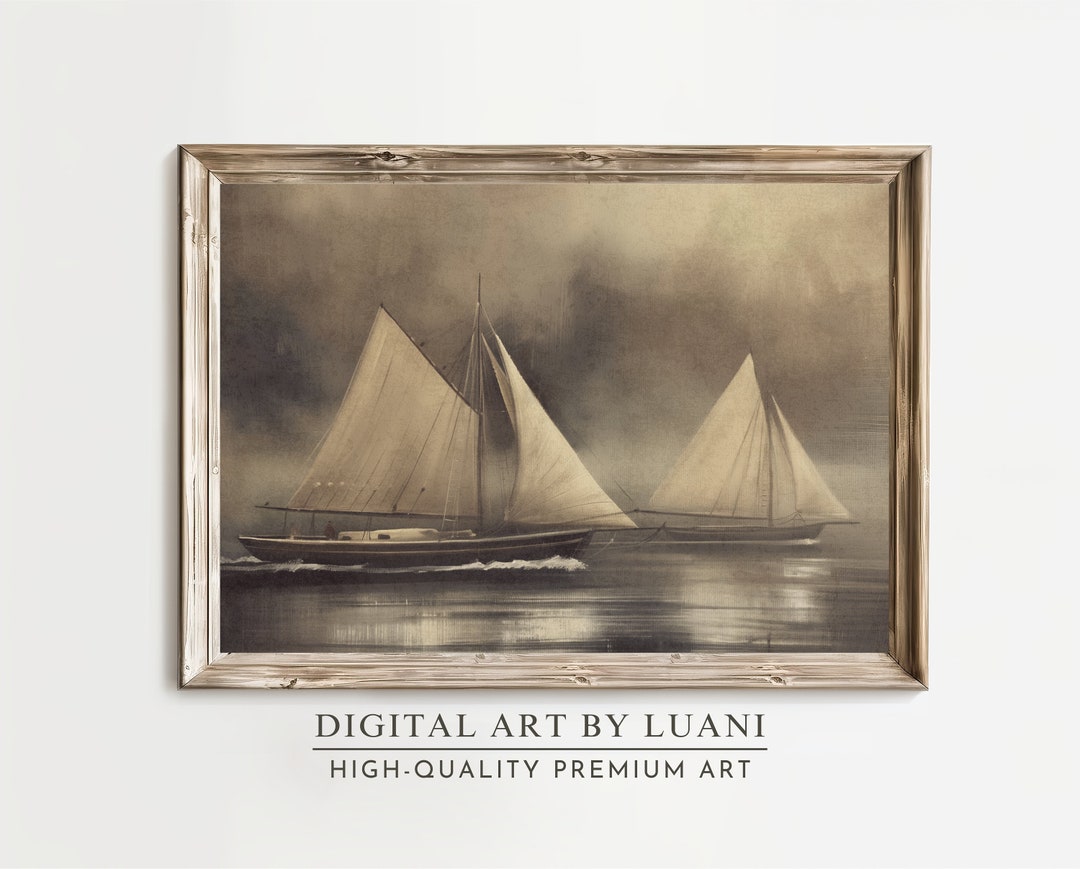 Sailboat Seascape Digital Print: Vintage Coastal Wall Art (digital ...
