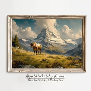 Matterhorn Cow Painting: Swiss Alps Mountain Landscape (Digital Download)