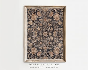 May include: A framed digital art print featuring a floral pattern in shades of brown, beige, and gray. The pattern is intricate and symmetrical, with a repeating motif of flowers and leaves. The frame is a simple, rustic style with a distressed white finish.