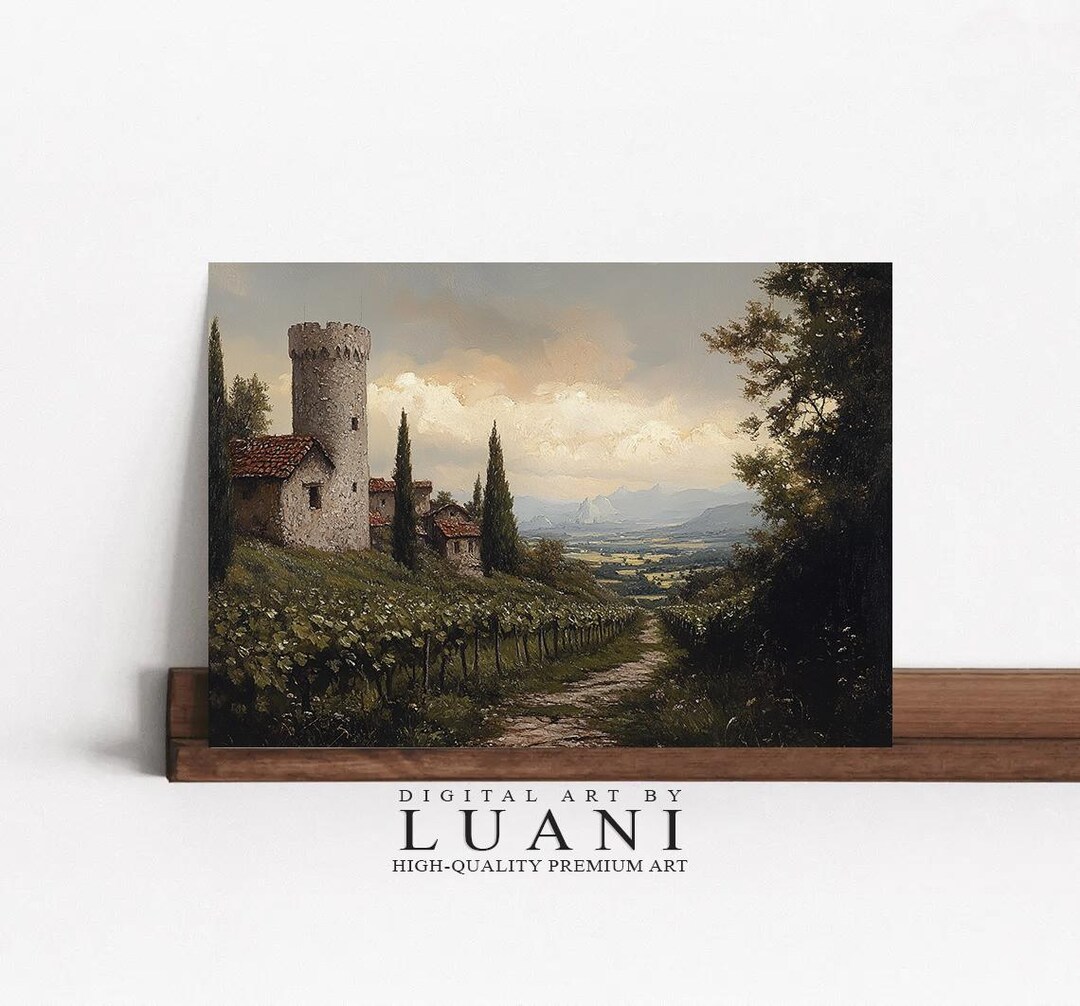 Vintage Italian Landscape Art Print: Cypress Trees, Rustic Tower