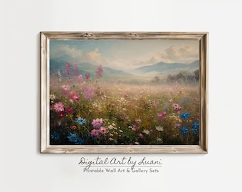 Impressão artística de paisagem de campo de flores silvestres: prado rural vintage (download digital)