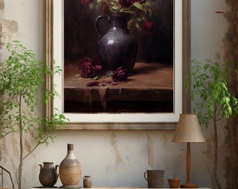 ヴィンテージのバラの花瓶画：ダークカラーの花の静物画（デジタル