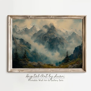 Enigmatic Misty Mountains Digital Print Ethereal Foggy Peaks Landscape Art Mystical Mountain Range Wall Decor Printable Nature Artwork