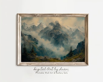 Misty Mountains Landscape Art: Ethereal Mountain Range Print (Digital Download)