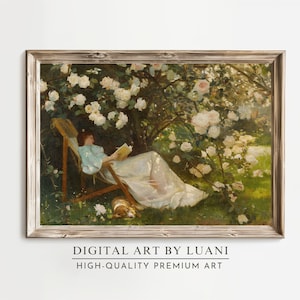 French Garden Country Art Print Landscape Painting Victorian Woman Reading Poster Printable Wall Art Digital Download